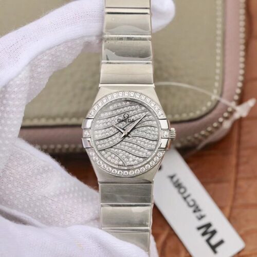 Replica Omega Constellation Quartz Ladies 27mm TW Factory White Gold Diamond Dial watch