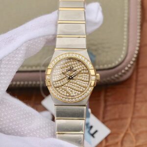 Replica Omega Constellation Ladies 27MM TW Factory Yellow Gold Textured Diamond Dial watch
