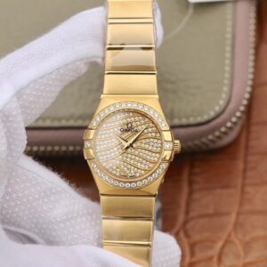 Replica Omega Constellation Ladies 27MM TW Factory 18K Yellow Gold Textured Diamond Dial watch