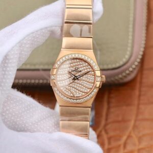 Replica Omega Constellation Ladies 27mm TW Factory 18K Rose Gold Textured Diamond Dial watch