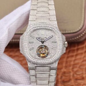 Replica Patek Philippe Nautilus Jumbo 5711 Tourbillon R8 Factory 18K White Gold Diamond Dial watch