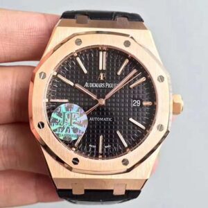Replica Audemars Piguet Royal Oak 15400 JF Factory Leather Strap Black Dial watch