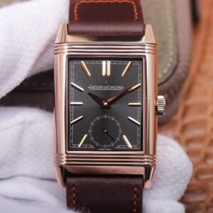 Replica Jaeger LeCoultre Reverso Tribute Double-sided Double Time Zone Flip MG Factory Rose Gold Black Dial watch