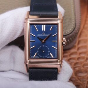 Replica Jaeger LeCoultre Reverso Tribute Double-sided Double Time Zone Flip MG Factory Rose Gold Blue Dial watch
