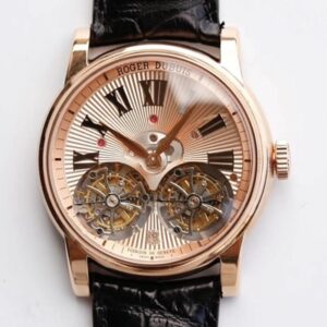 Replica Roger Dubuis Hommage RDDBHO0562 Double Flying tourbillon JB Factory Rose Gold Dial watch