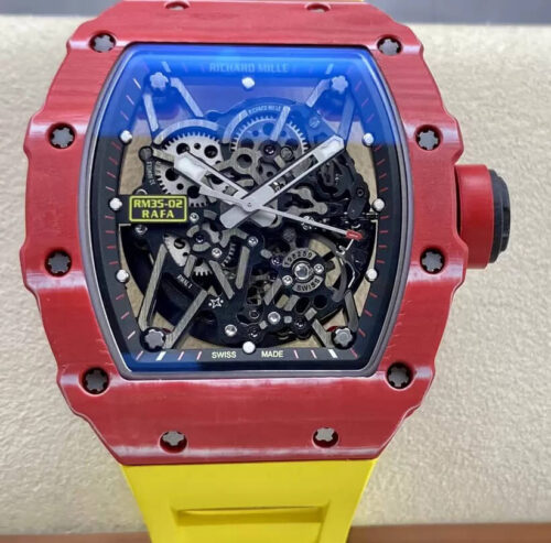 Replica Richard Mille RM35-02 T+ Factory Red Carbon Fiber Yellow Rubber Strap Watch