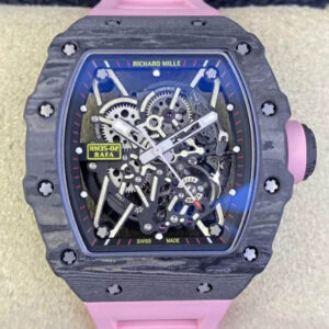 Replica Richard Mille RM35-02 T+ Factory NTPT Skeleton Dial Pink Rubber Strap Watch