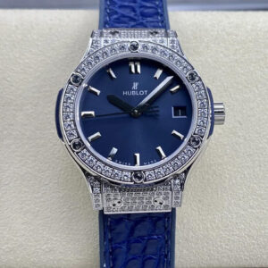 Replica Hublot Classic Fusion 33MM Quartz HB Factory Blue Dial Diamond Case Watch