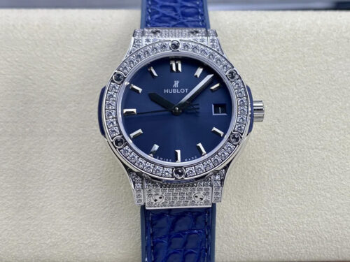 Replica Hublot Classic Fusion 33MM Quartz HB Factory Blue Dial Diamond Case Watch